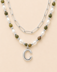 Epidote & Pearl Initial Necklace Stack Silver