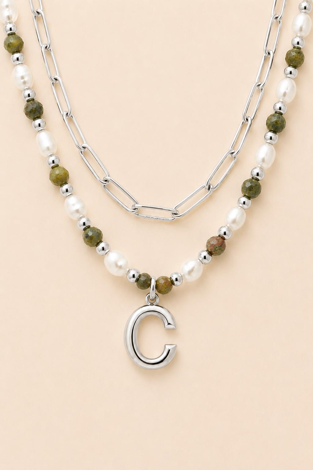 Epidote &amp; Pearl Initial Necklace Stack Silver