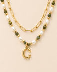 Epidote & Pearl Initial Necklace Stack Gold