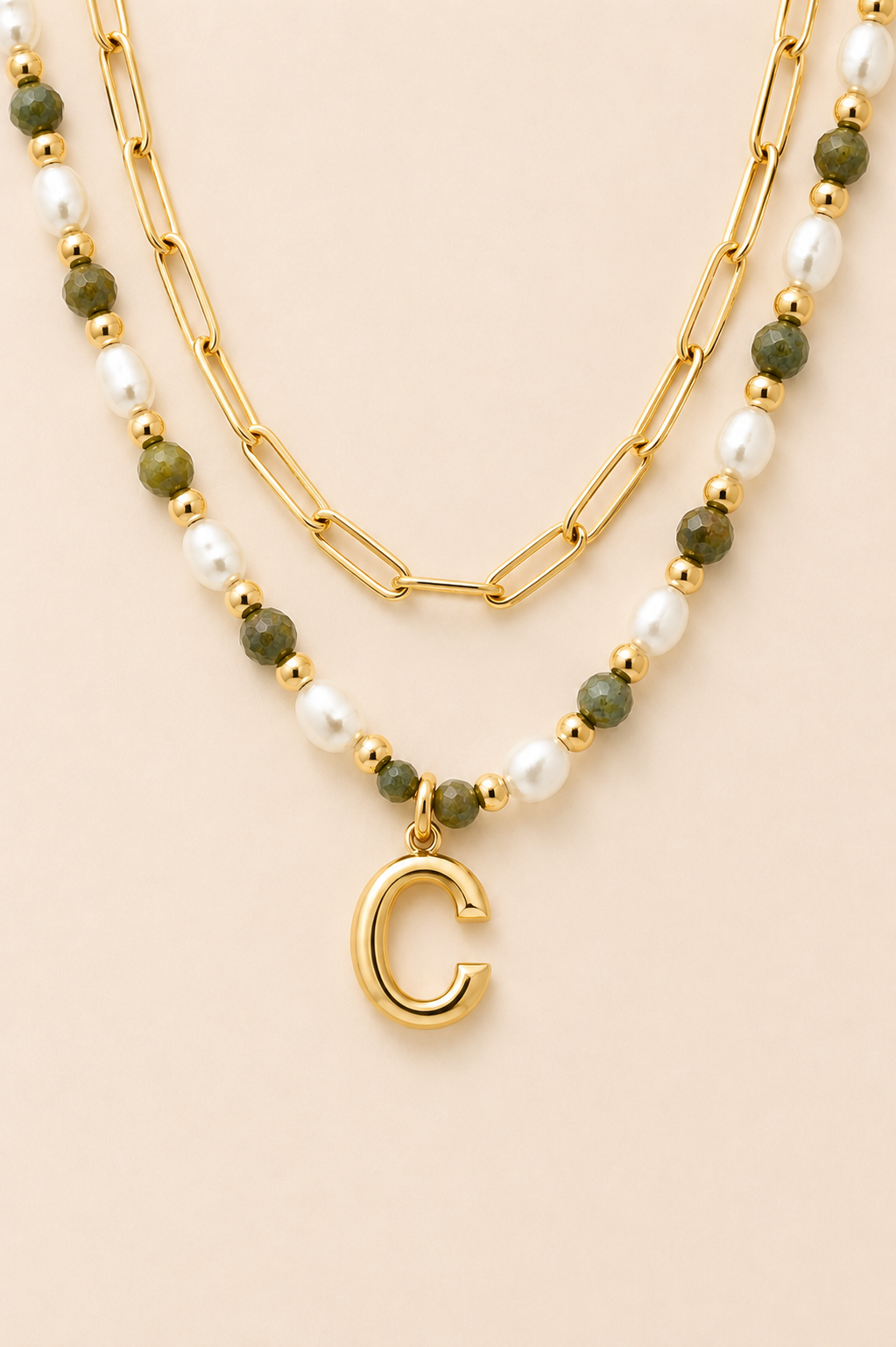Epidote &amp; Pearl Initial Necklace Stack Gold