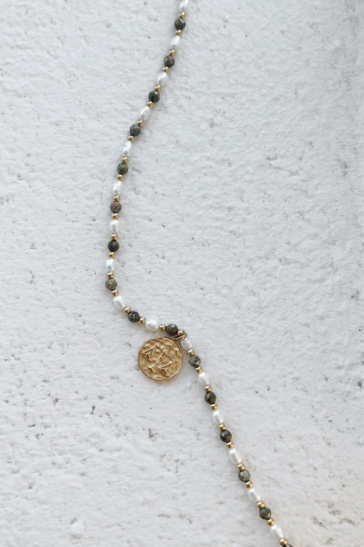 Epidote & Pearl Zodiac Coin Necklace Gold