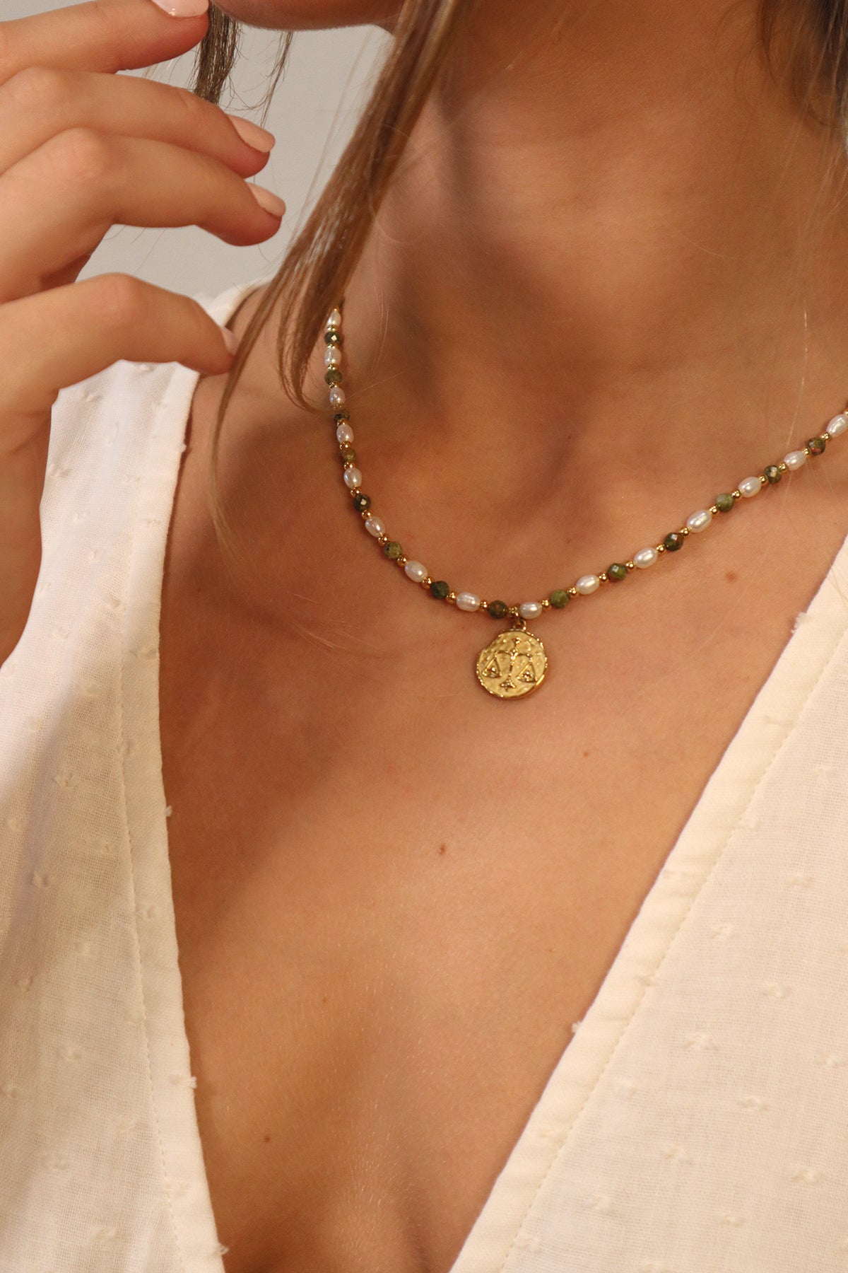 Epidote & Pearl Zodiac Coin Necklace Gold
