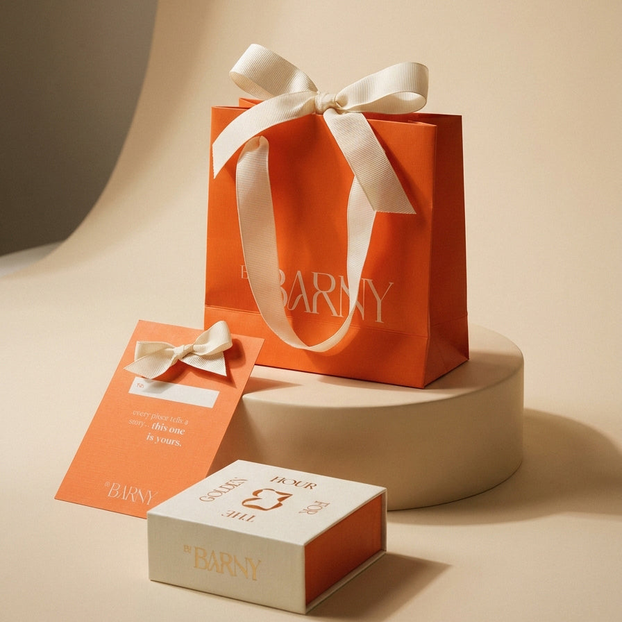 Beautifully Wrapped and ready to Gift in our Signature Gift Bag, Card, and Jewellery Box.