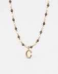 Epidote & Pearl Initial Necklace Gold