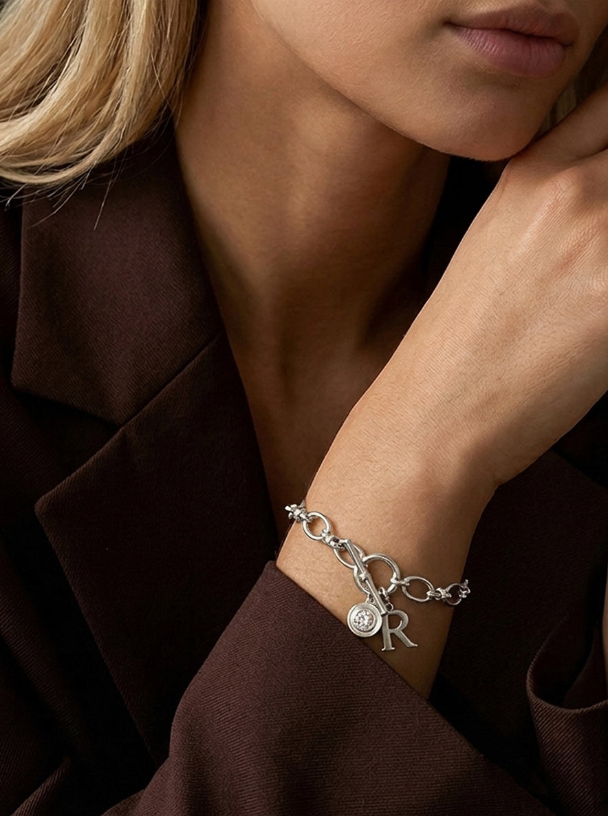 Initial &amp; Birthstone Bracelet Silver