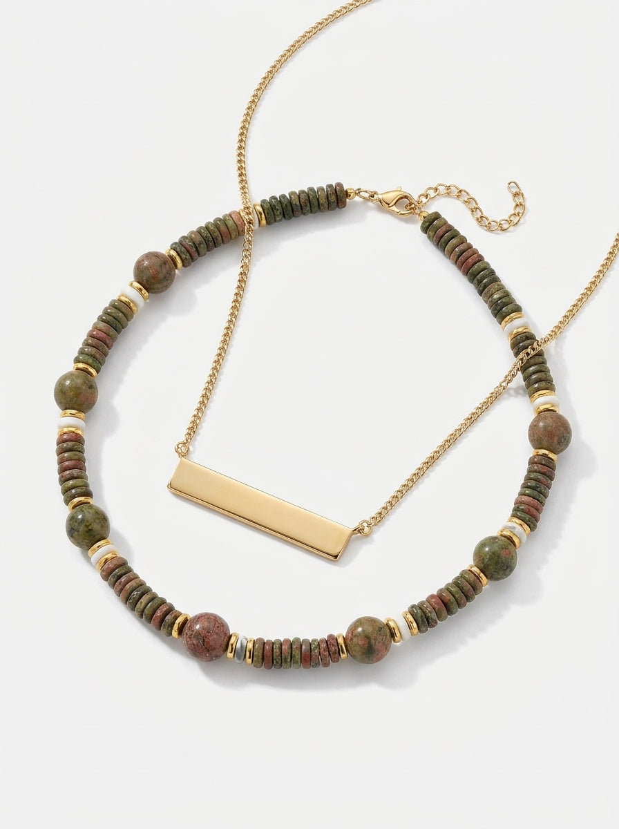 Terra Stone &amp; Bar Necklace Stack Gold