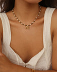Epidote & Pearl 2 Initial Necklace Gold